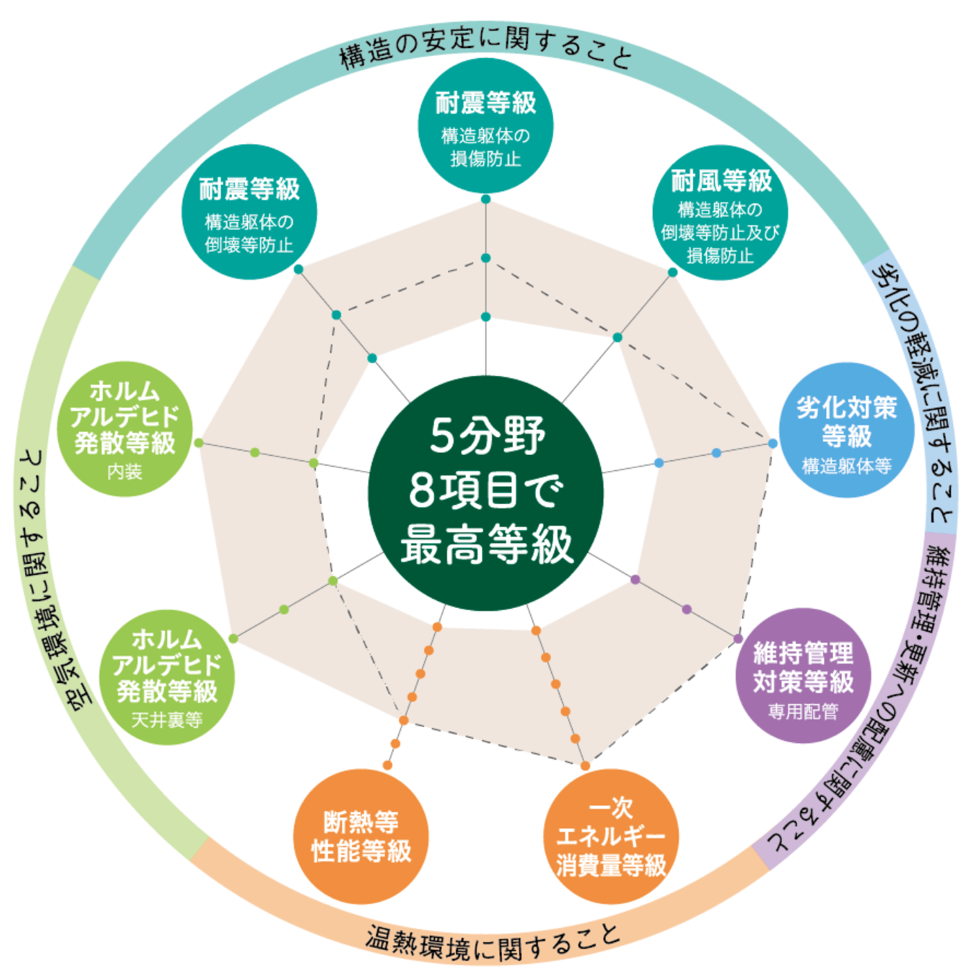 5分野8項目で最高等級を示した図